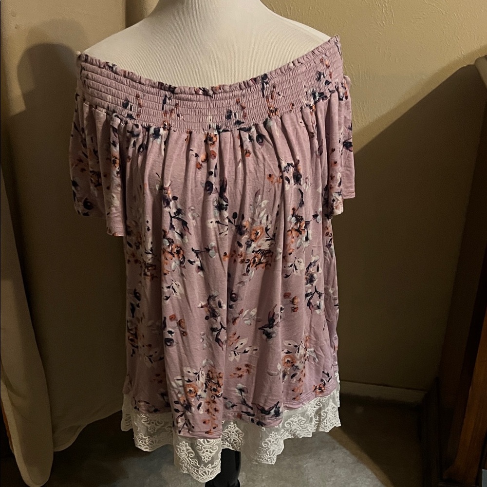 Xhilaration Pink Floral Off-Shoulder Blouse with Lace Hem